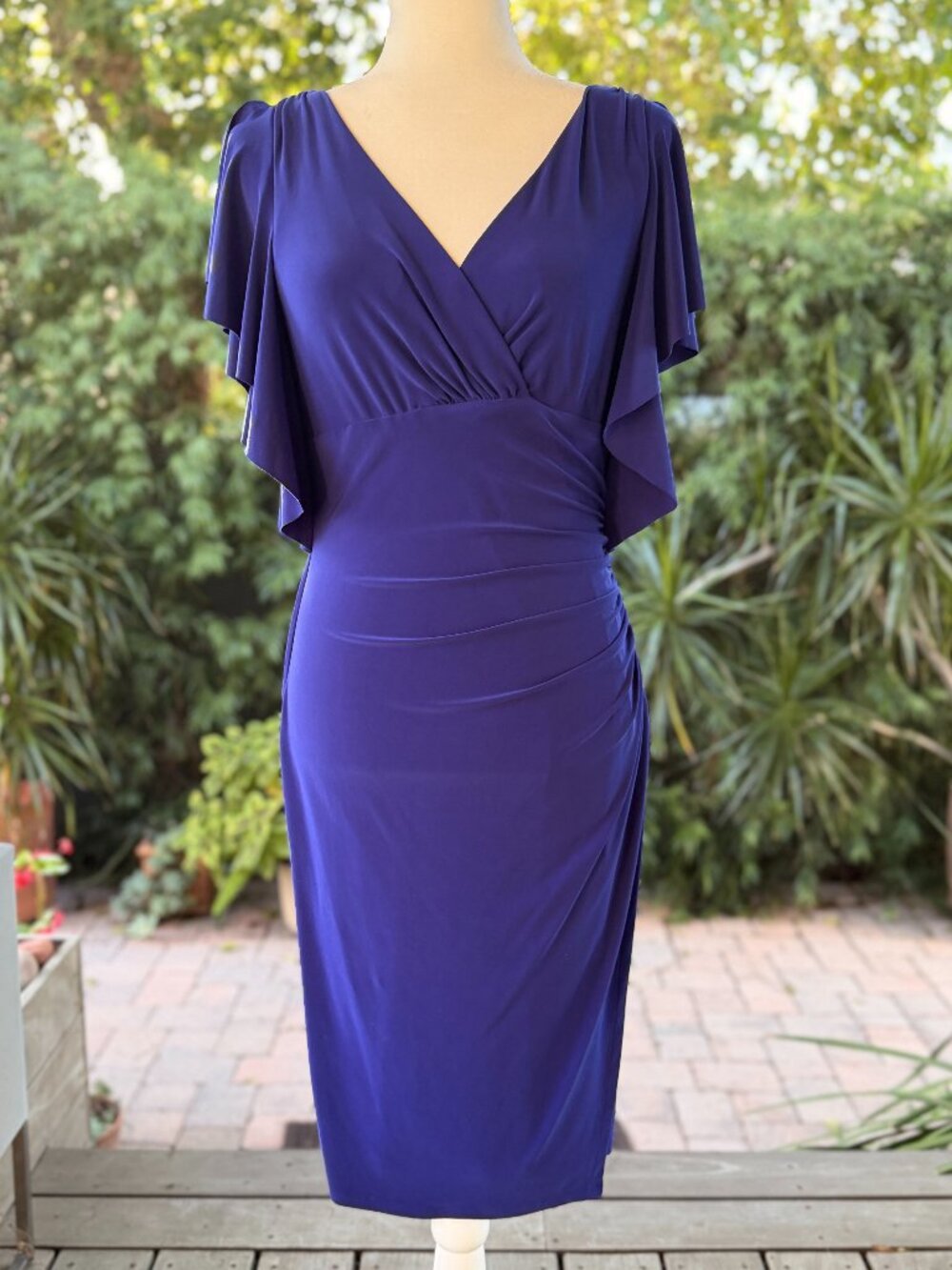 Ralph Lauren Royal Blue Flutter Sleeve Ruched Sheath Midi Dress